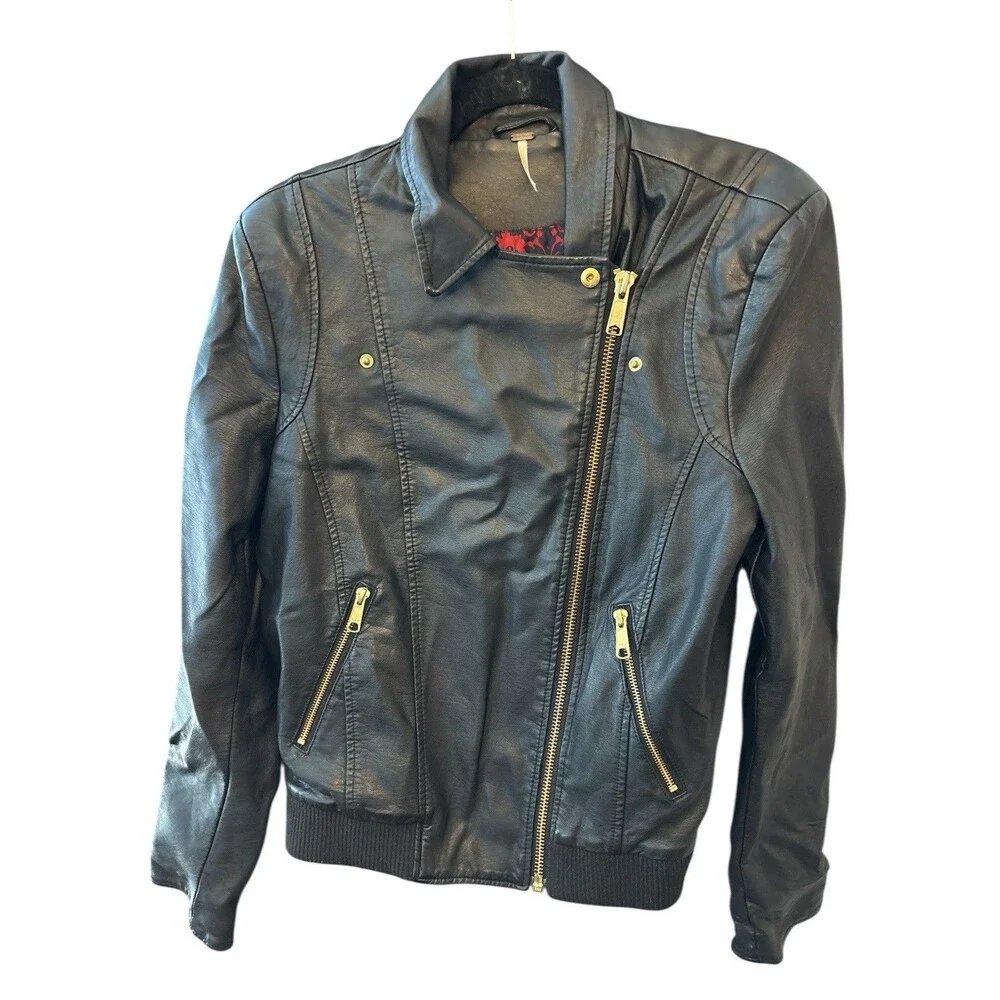 Free People Jacket Womens L Black Vegan Leather Zip Moto Biker Indie sleaze Boho